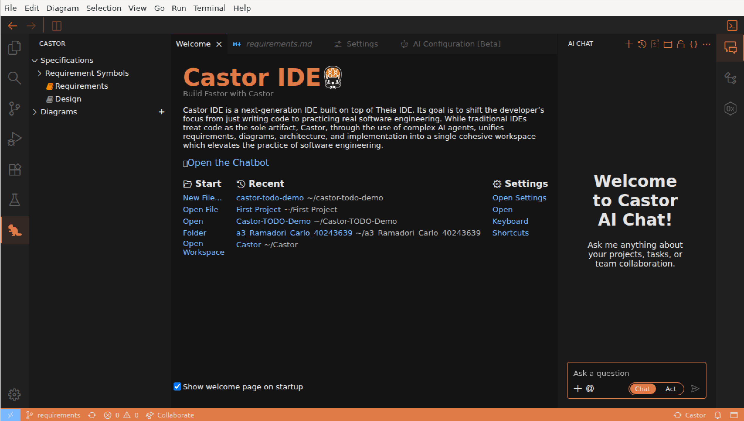 Castor Panel showing demo project artifacts
